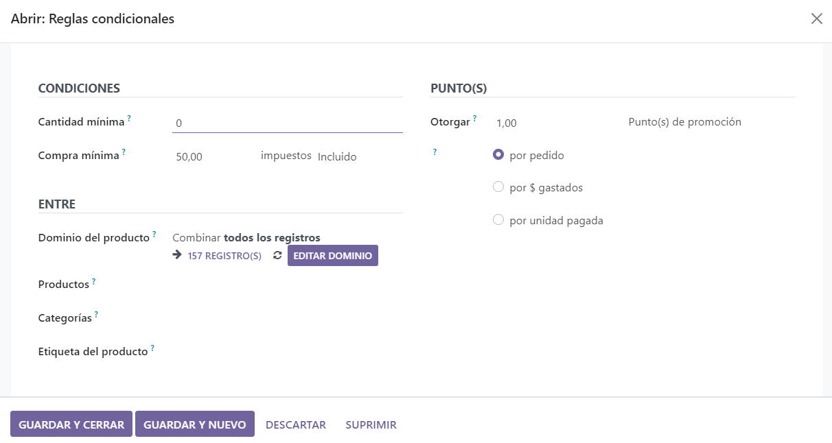 Abrir reglas condicionales para tarjetas de fidelidad