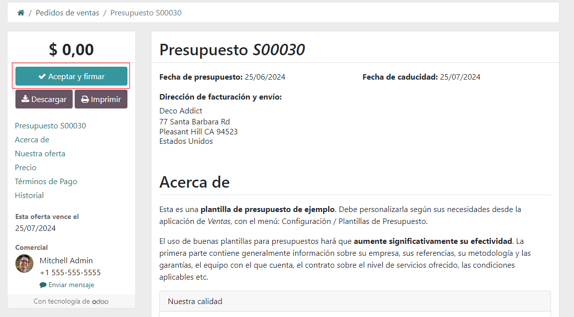 Boton de firmar y pagar en el presupuesto de Odoo