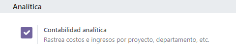Ativar la contabilidad analitica en los ajustes de Odoo
