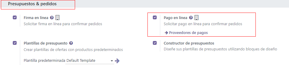 Activar el pago online en el menu de ajustes