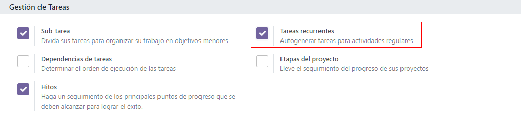 Configure las tareas recurrentes en los ajustes de Odoo