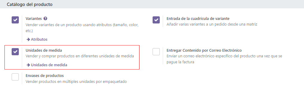 Activar las unidades de medida en la configuración de Odoo