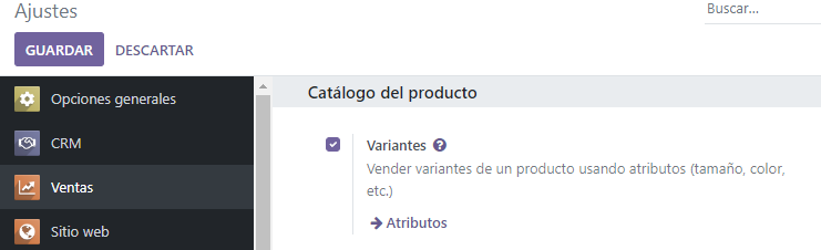 Activar las variantes de producto en el menu de configuracion