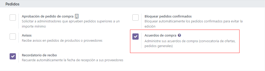 Activar acuerdos de compra en los ajustes de Odoo