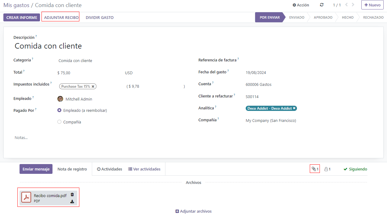 Adjunte un recibo y aparecerá en el chatter.