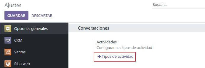 Vista de la página de configuración enfatizando los tipos de actividad del menú.