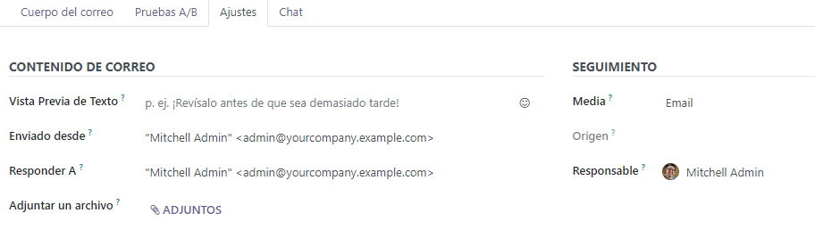 View of settings tab in Odoo Email Marketing when settings are activated.