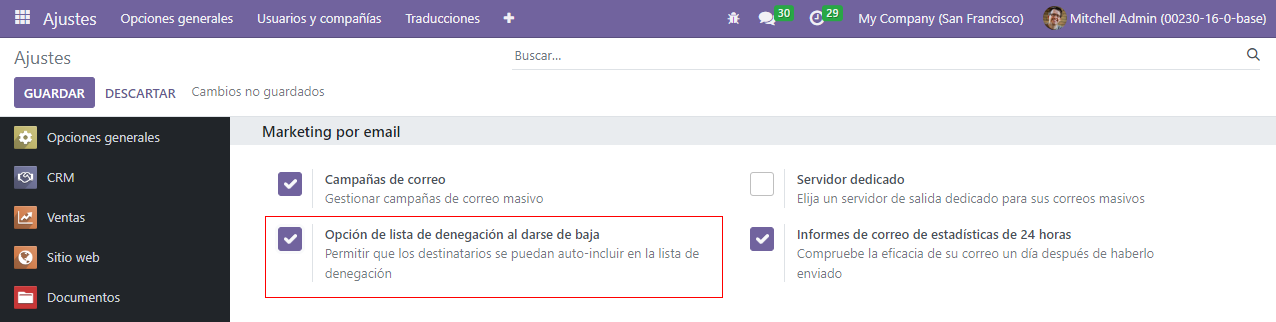 View of the blacklist feature in the Settings page of the Odoo Email Marketing app.