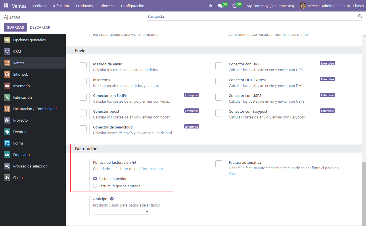 Elegir politica de facturacion en Odoo