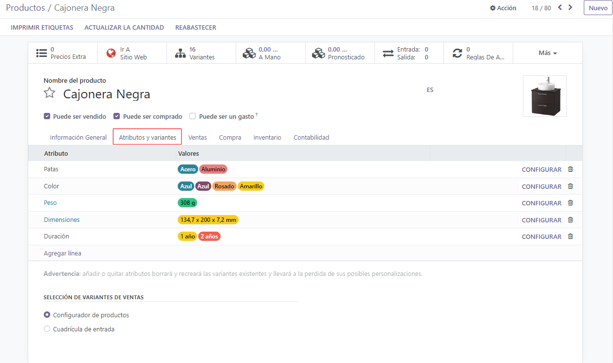 Atributos y variantes en la ficha de producto