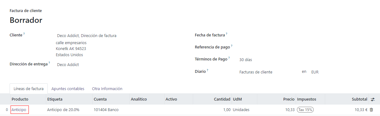 Pago inicial como producto en la pestaña de líneas de factura de un borrador de factura
