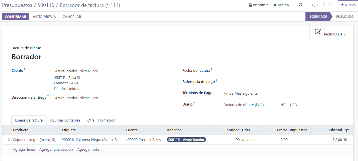 Borrador de factura de cliente con producto de compra adjunto a orden de venta