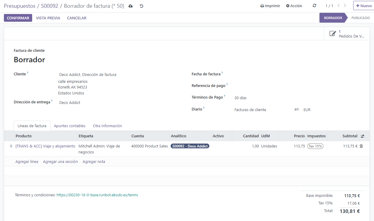 Pagina de borrador de factura del gasto registrado