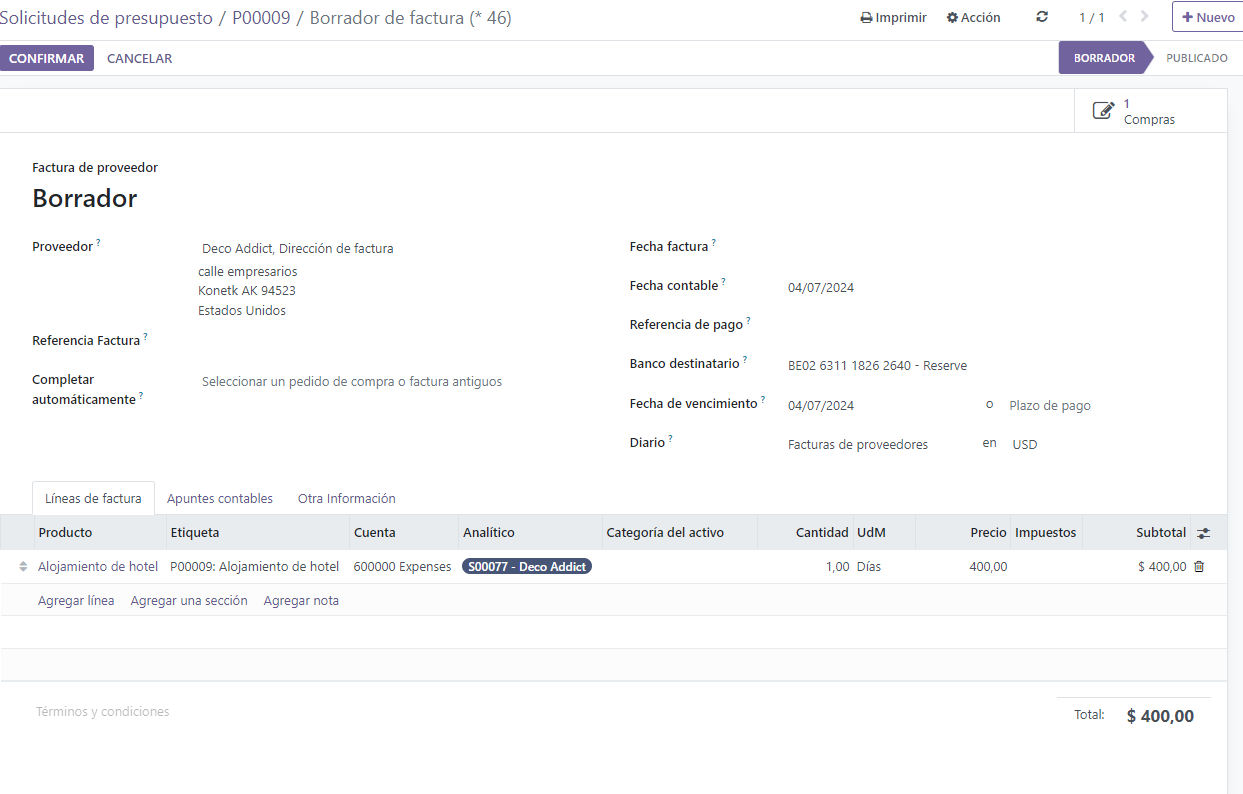 Borrador de factura del proveedor para un pedido de compra