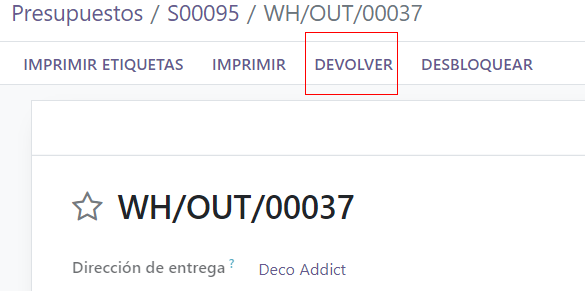 A validated delivery order with a highlighted Return button in Odoo Sales.