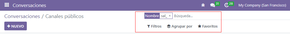 View of a channel being searched through filters in Odoo Discuss