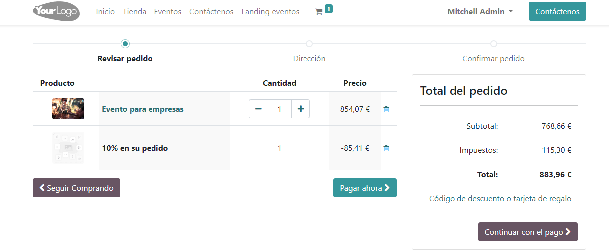 View of website transaction for Odoo Events.