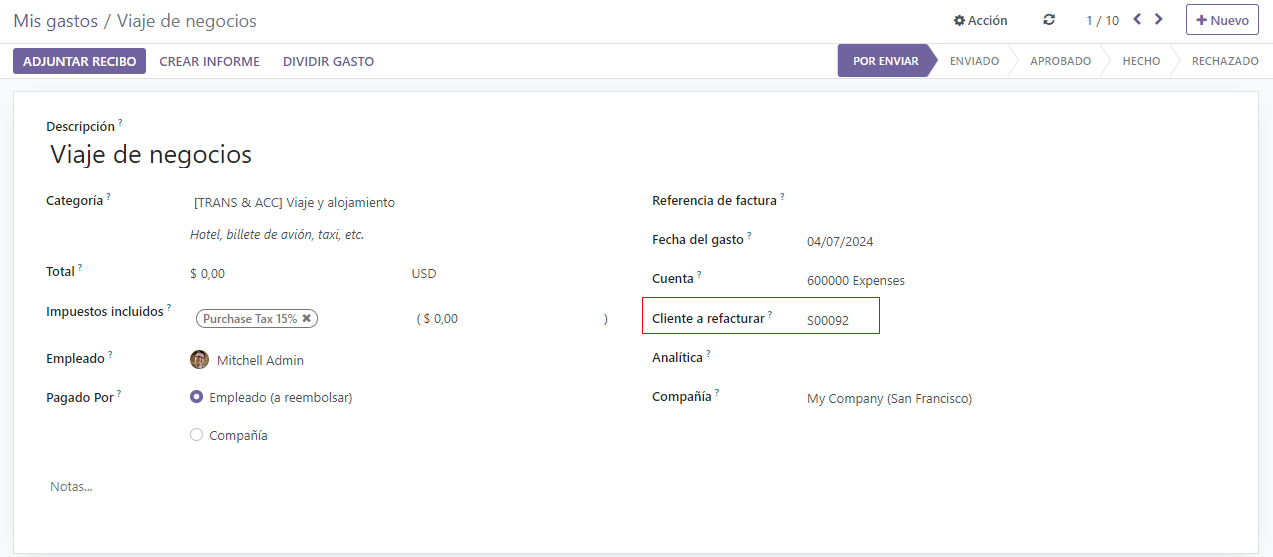 Campo de cliente a refacturar en la ficha de gasto de Odoo