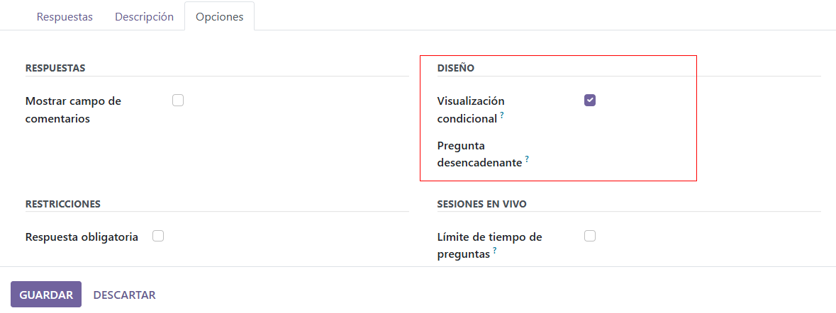 The layout field when properly configured for a conditional question.