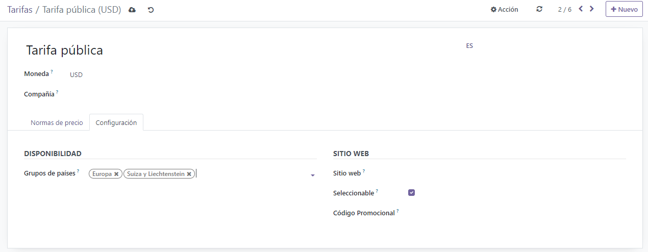 Pagina de configuracion de tarifas en Odoo