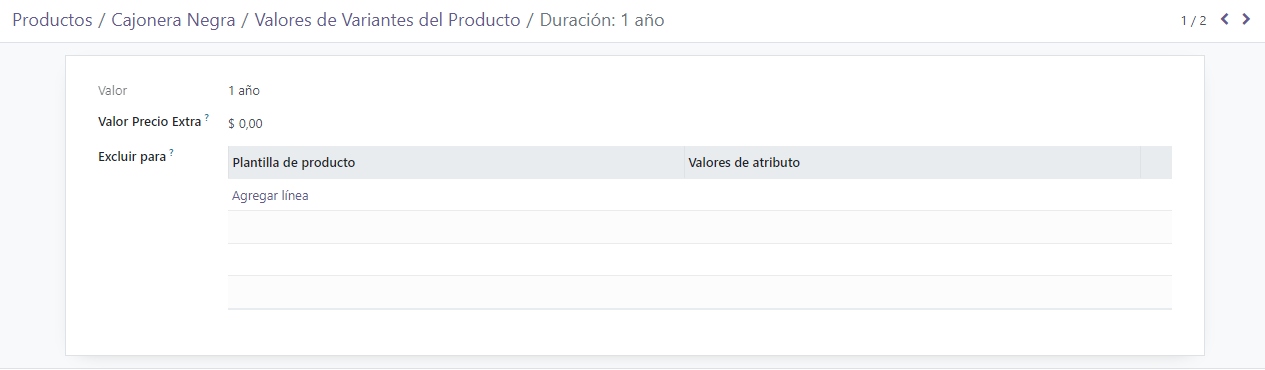 Menu de configuracion de la variante de producto
