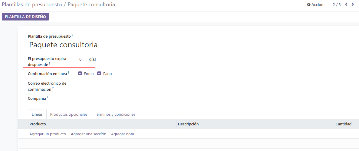 La opción de firma de confirmación en línea que se encuentra en cada plantilla de cotización en Odoo.