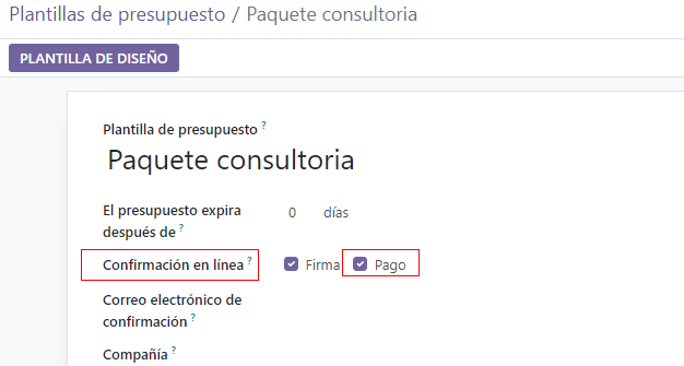 La configuración de pago en línea en los formularios de plantillas de cotización en Odoo Ventas.