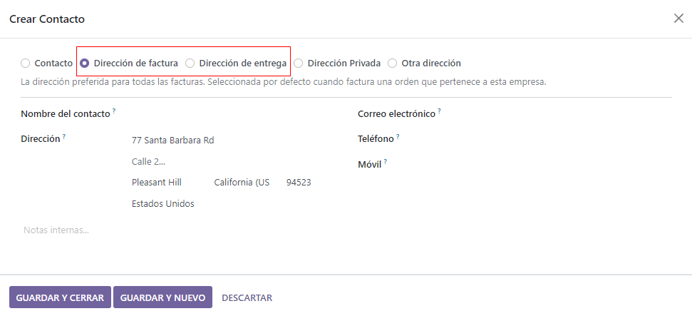 Crea un nuevo contacto con su direccion