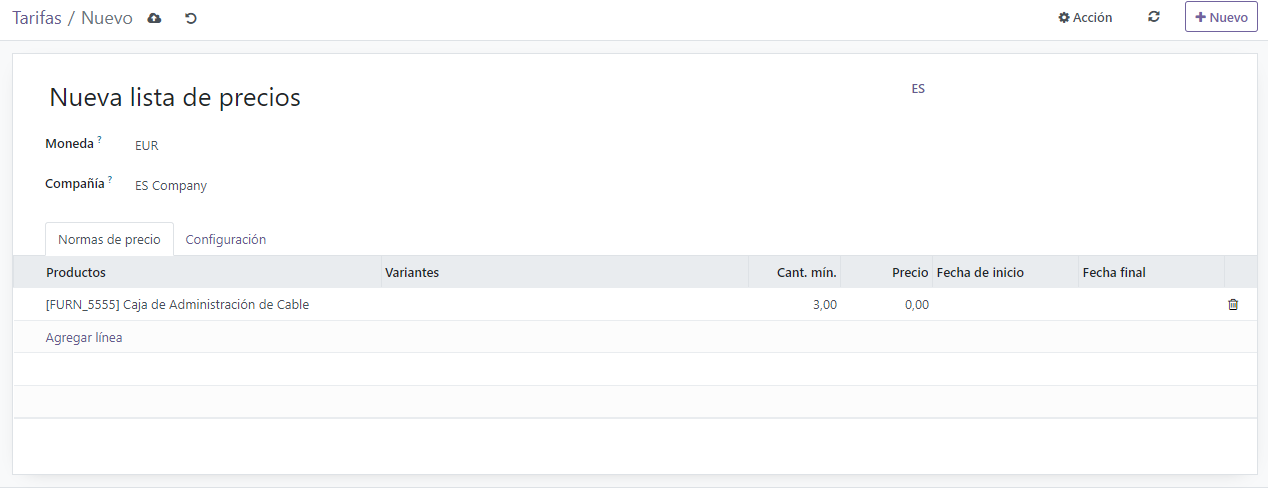 Pagina de creacion de lista de precios en Odoo