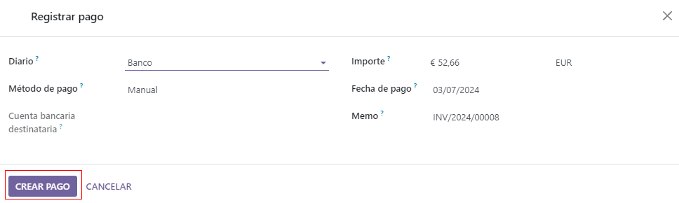 Demostración de la ventana emergente Registrar Pago con el botón Crear Pago