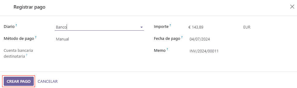 Pop-up con el boton crear pago del gasto