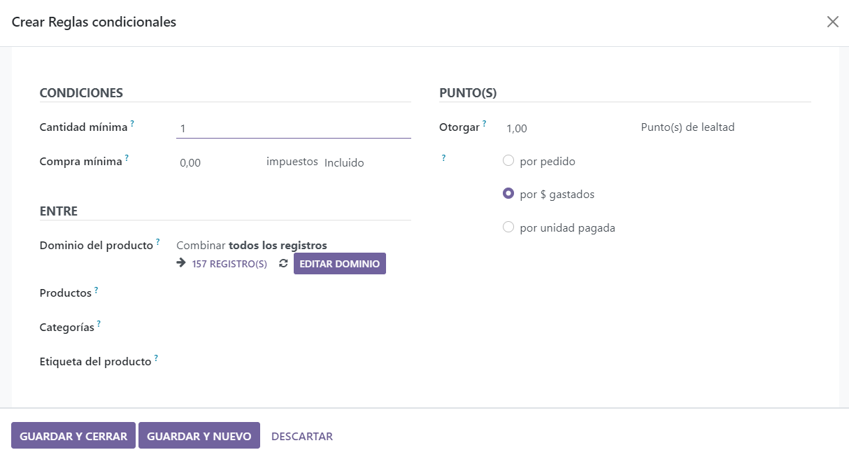 Crear nuevas reglas condicionales para tarjetas de fidelidad