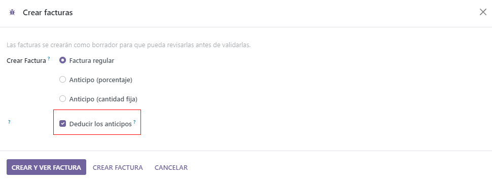 La opción de deducir el pago inicial en la ventana emergente de crear facturas en Odoo Sales.