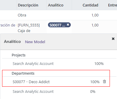 Cómo seleccionar el departamento de Distribución Analítica desde un pedido de compra