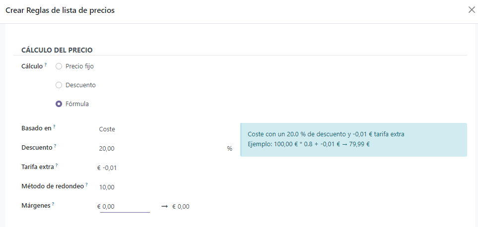 Ejemplo de un descuento del 20% con precios redondeados a 9.99