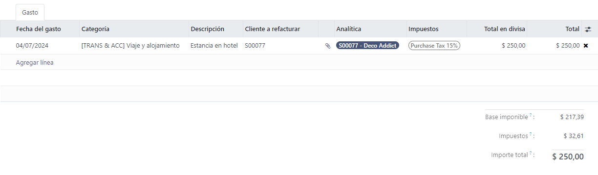 Ejemplo de factura de cliente por un gasto generado a partir de un pedido de venta