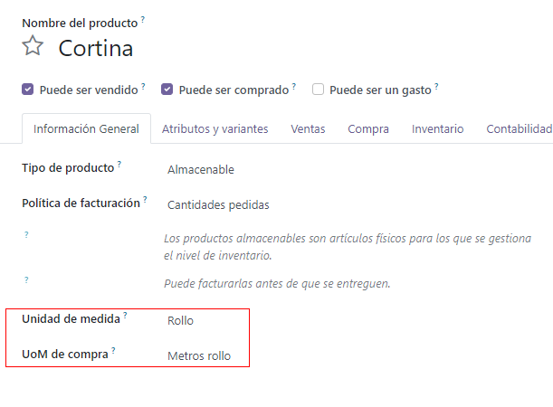 Ejemplo de distintas unidades de medida en la ficha de producto