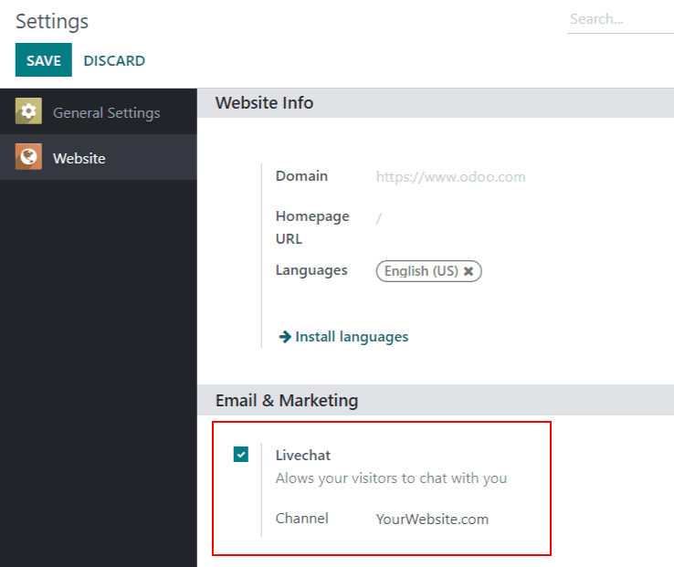 View of the settings page and the live chat feature for Odoo Live Chat.