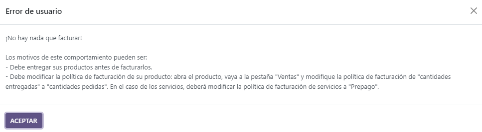 Si se elige la política de facturación de Cantidades Entregadas, asegúrate de que se haya entregado la cantidad