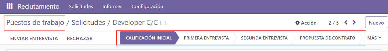 Change the stage of an applicant by clicking on the desired stage at the top of the applicant's card.