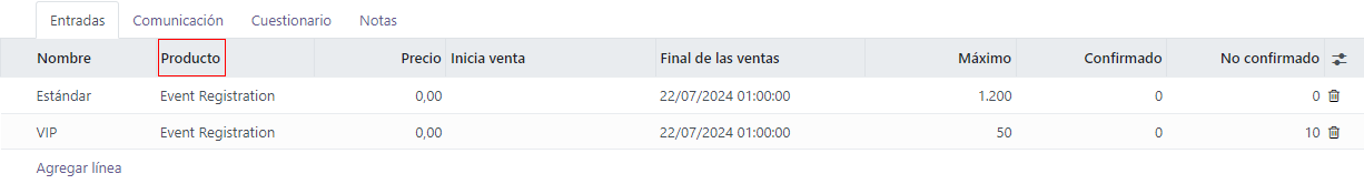 View of an event form highlighting the column product under the tickets tab in Odoo Events.