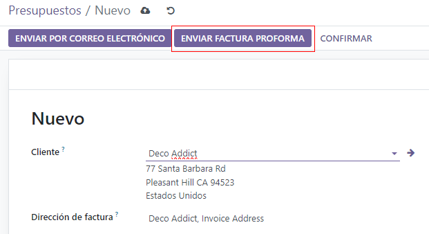 El botón Enviar Factura Proforma en un pedido de venta típico en Odoo