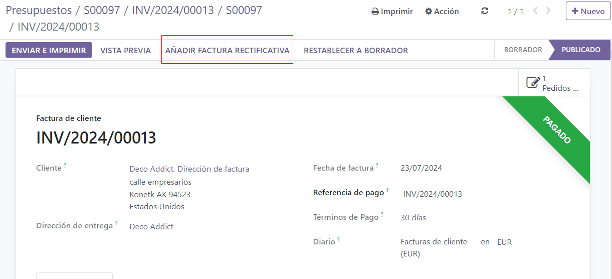 A typical customer invoice with a Credit Note button highlighted in Odoo Sales.