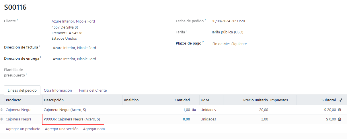 Producto de orden de compra en orden de venta que se facturará al cliente.