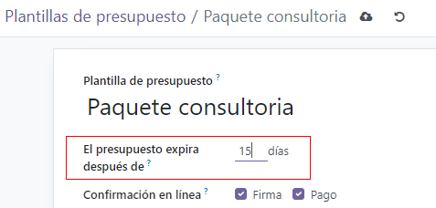 "El campo 'La cotización expira después de' en un formulario de plantilla de cotización en Odoo Ventas.