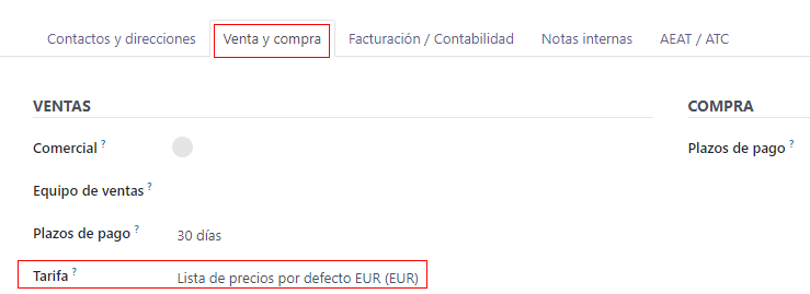 Campo de la lista de precios en la ficha de cliente