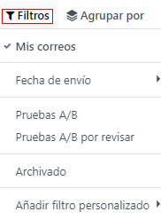 View of filters drop-down menu options on the Odoo Email Marketing dashboard.