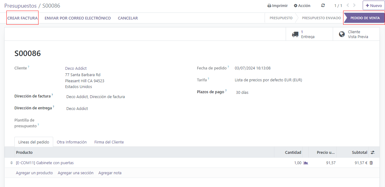 Orden de venta de un gabinete con puertas que ha sido confirmada en Odoo