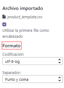 Opciones de formato al importar un archivo CSV.