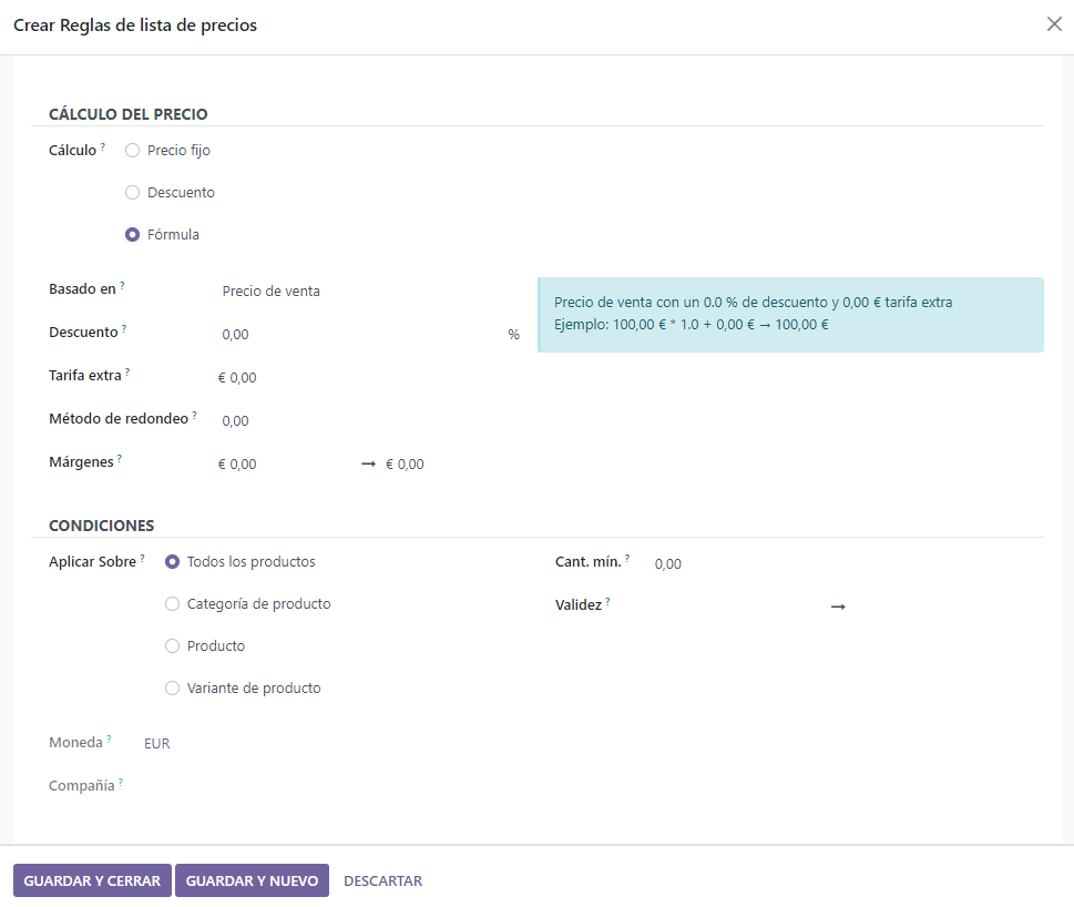 Las opciones de computo de formulas en tarifas